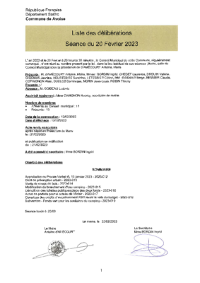 LISTE DES DELIBERATIONS 20/02/2023